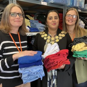 Kirklees Mayor Clr Nosheen Dad with Uniform Exchange project director Kate France (right) and operations co-ordinator Vicky Clegg. 